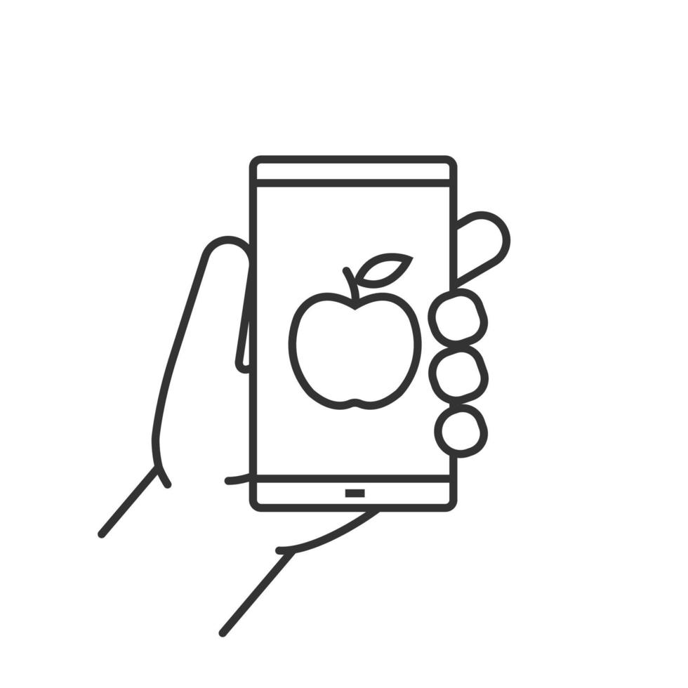 mano che tiene l'icona lineare dello smartphone. illustrazione di linea sottile. app per la dieta per smartphone. simbolo di contorno. disegno vettoriale isolato contorno