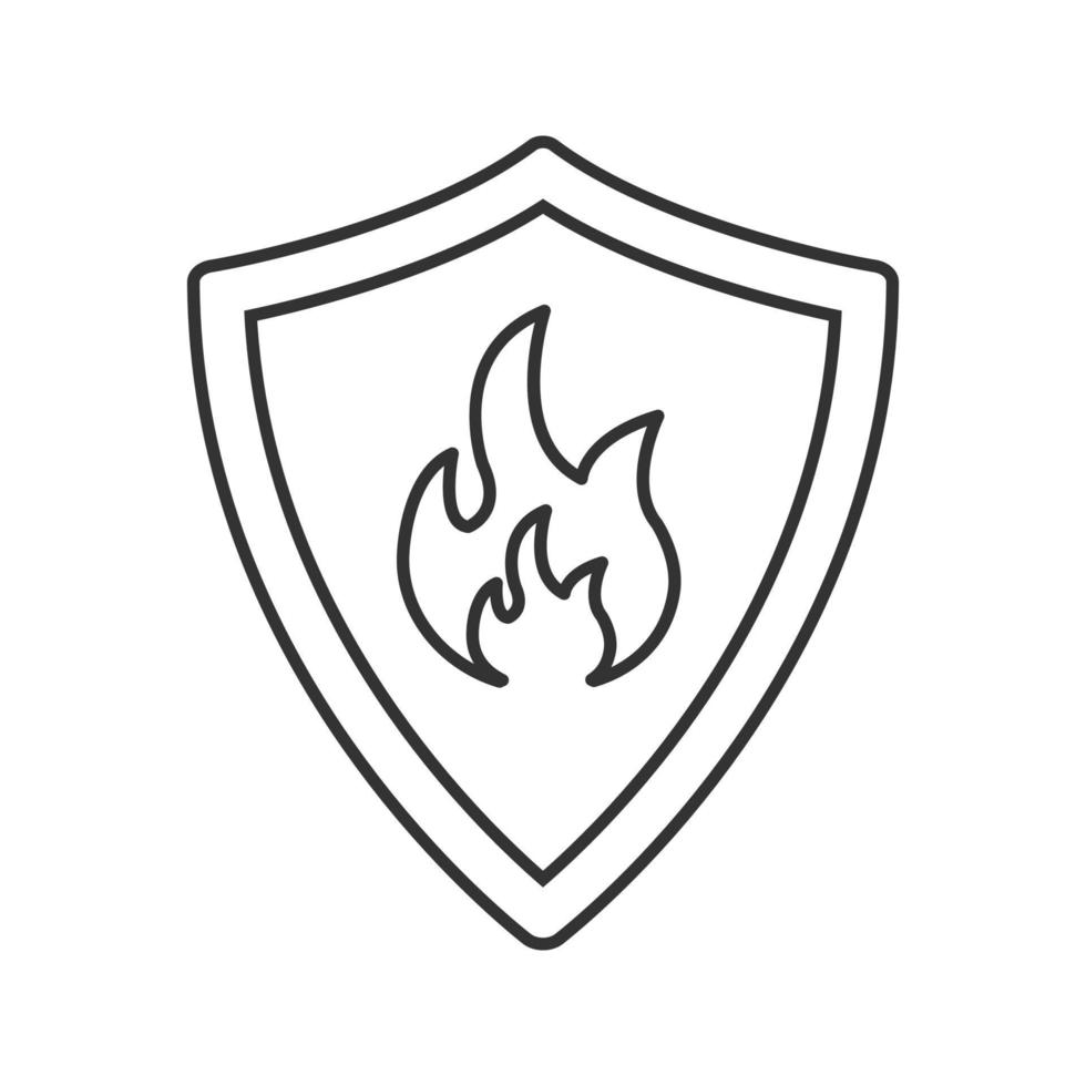 icona lineare distintivo dei vigili del fuoco. illustrazione di linea sottile. scudo di protezione con il fuoco. simbolo di contorno. disegno vettoriale isolato contorno