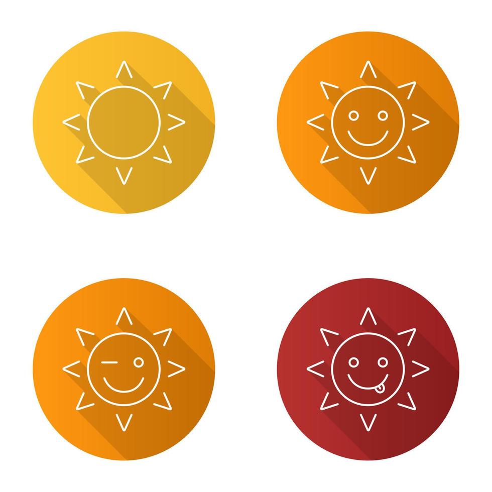 il sole sorride set di icone piatte lineari lunga ombra. sorrisi sorridenti, deliziosi e ammiccanti al sole. illustrazione di contorno vettoriale