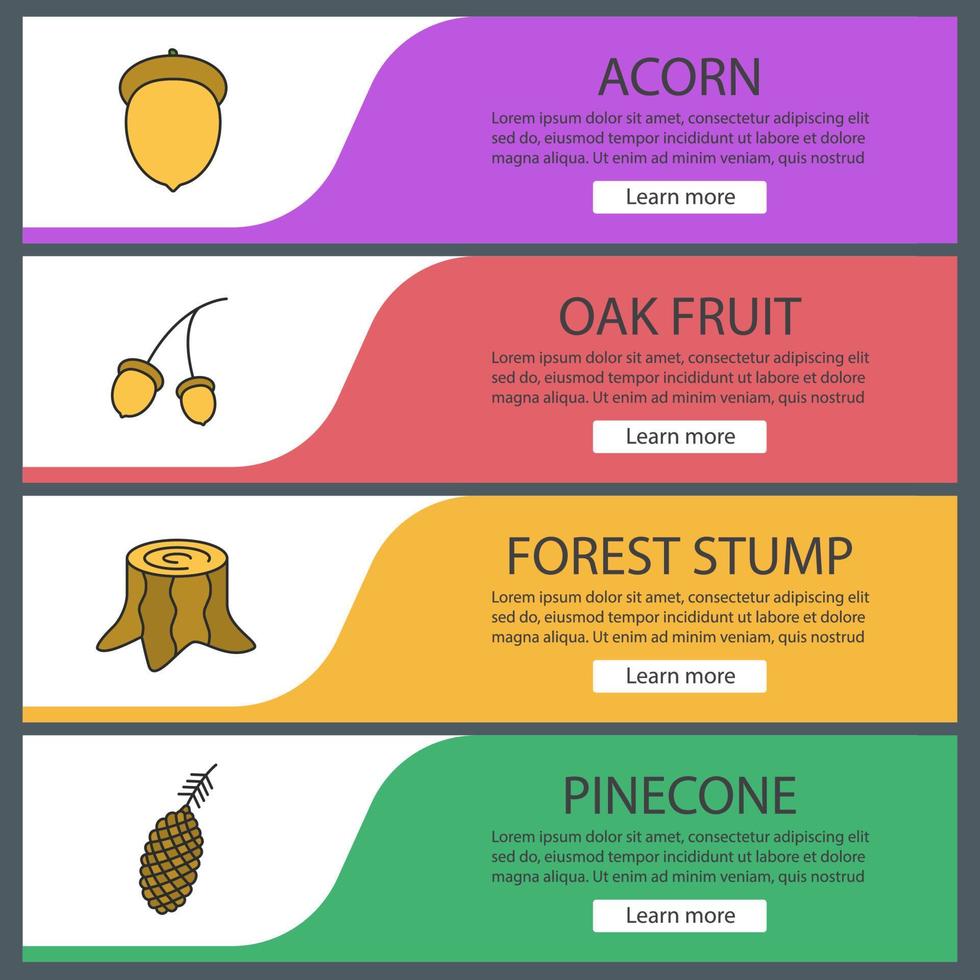 set di modelli di banner web forestali. frutto di quercia, ceppo di bosco, pigna. voci di menu a colori del sito web. concetti di design delle intestazioni vettoriali