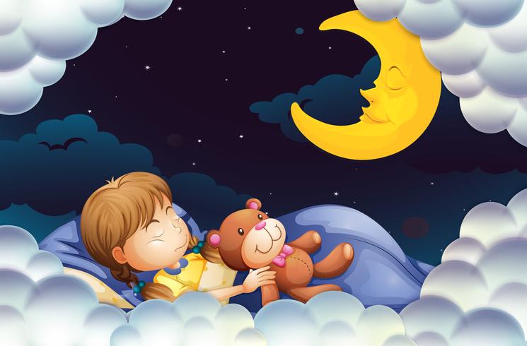 Bambina che dorme con teddybear durante le ore notturne vettore