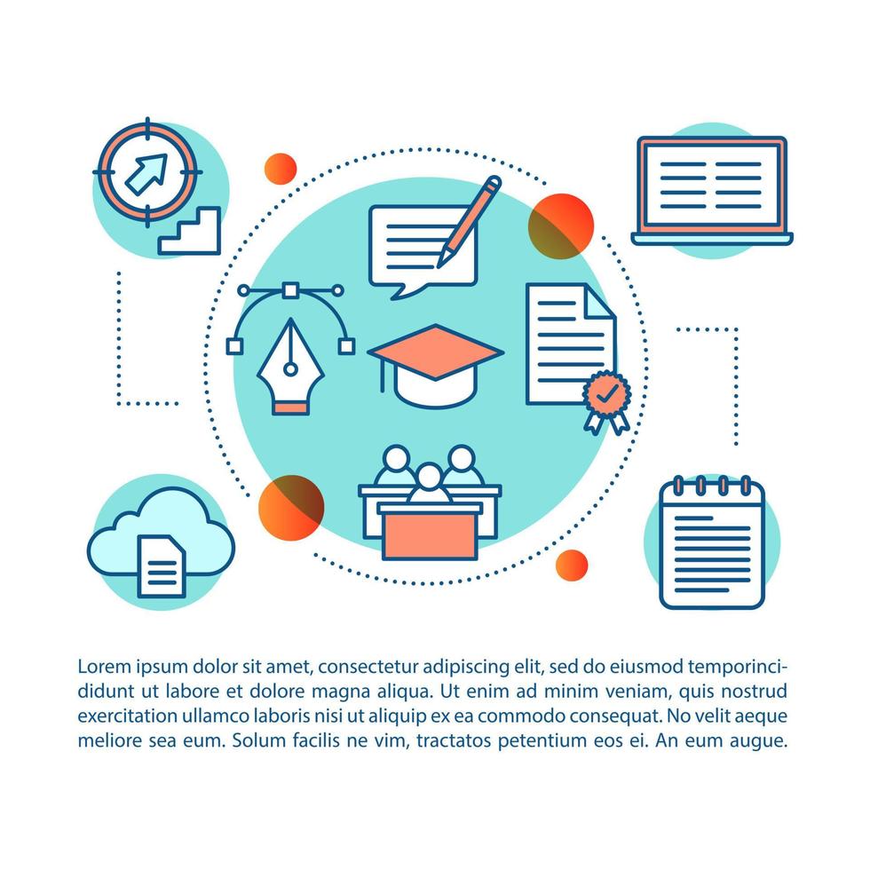 corsi didattici concetto lineare illustrazione. formazione scolastica. articolo, brochure, pagina di rivista. icone linea sottile con caselle di testo. disegno di stampa. studio, programma di apprendimento. disegno vettoriale isolato contorno