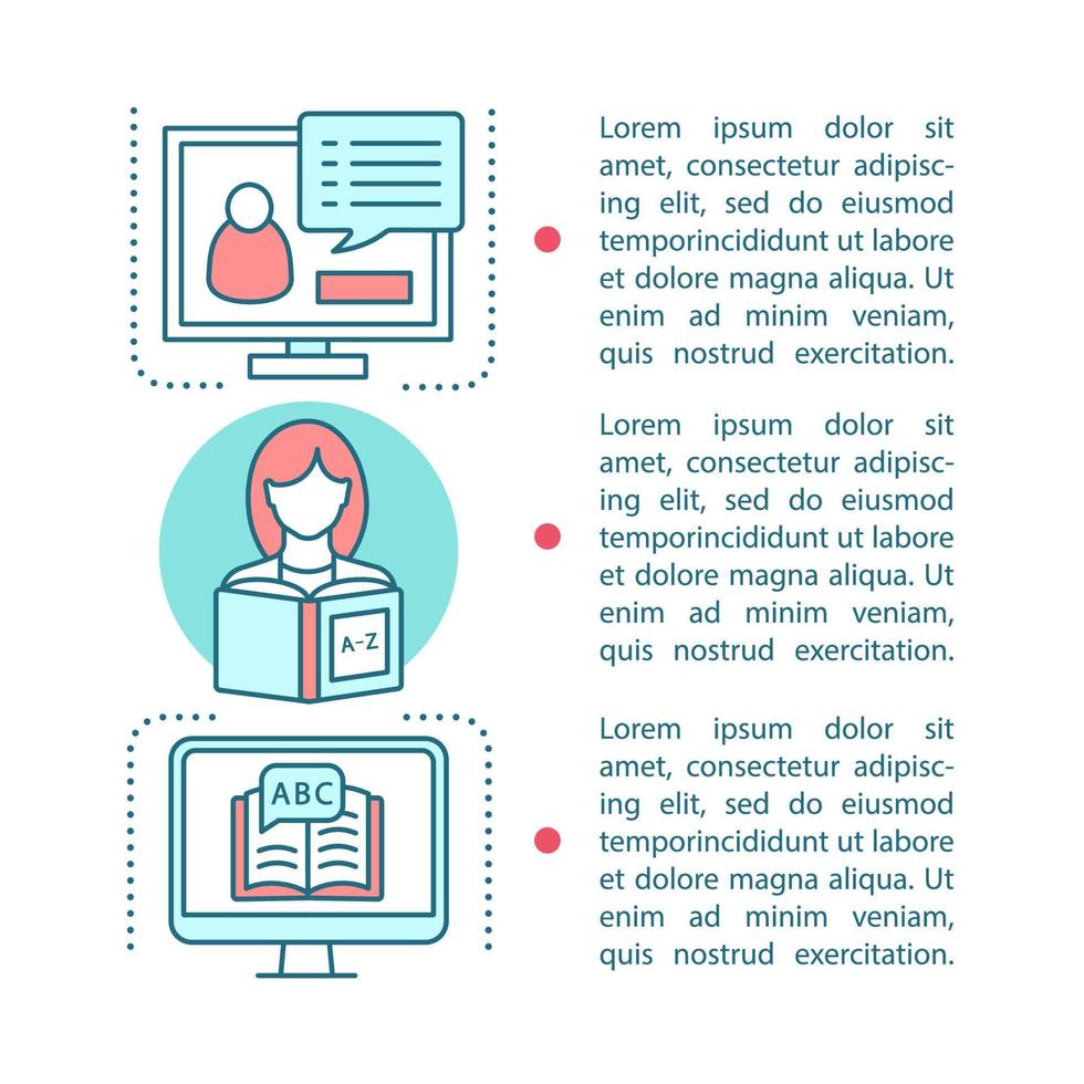 modello di vettore della pagina dell'articolo di apprendimento delle lingue. formazione in linea. brochure, rivista, elemento di design opuscolo con caselle di testo. corsi di lingua straniera, scuola, classi. e-learning. disegno di stampa