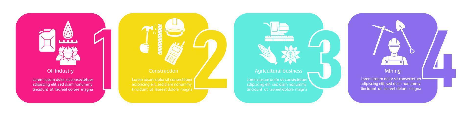 modello di infografica vettoriale di produzione. produzione. industria petrolifera, edilizia, agricoltura, estrazione mineraria. elementi di design di presentazione aziendale. visualizzazione dati. grafico della sequenza temporale del processo. layout del flusso di lavoro