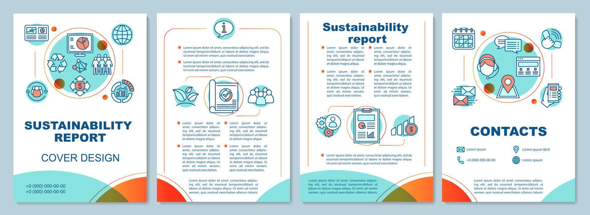 layout del modello di brochure del rapporto di sostenibilità. volantino, opuscolo, stampa di volantini con icone. dichiarazione di sviluppo sostenibile. layout di pagina vettoriali per riviste, report annuali, poster pubblicitari