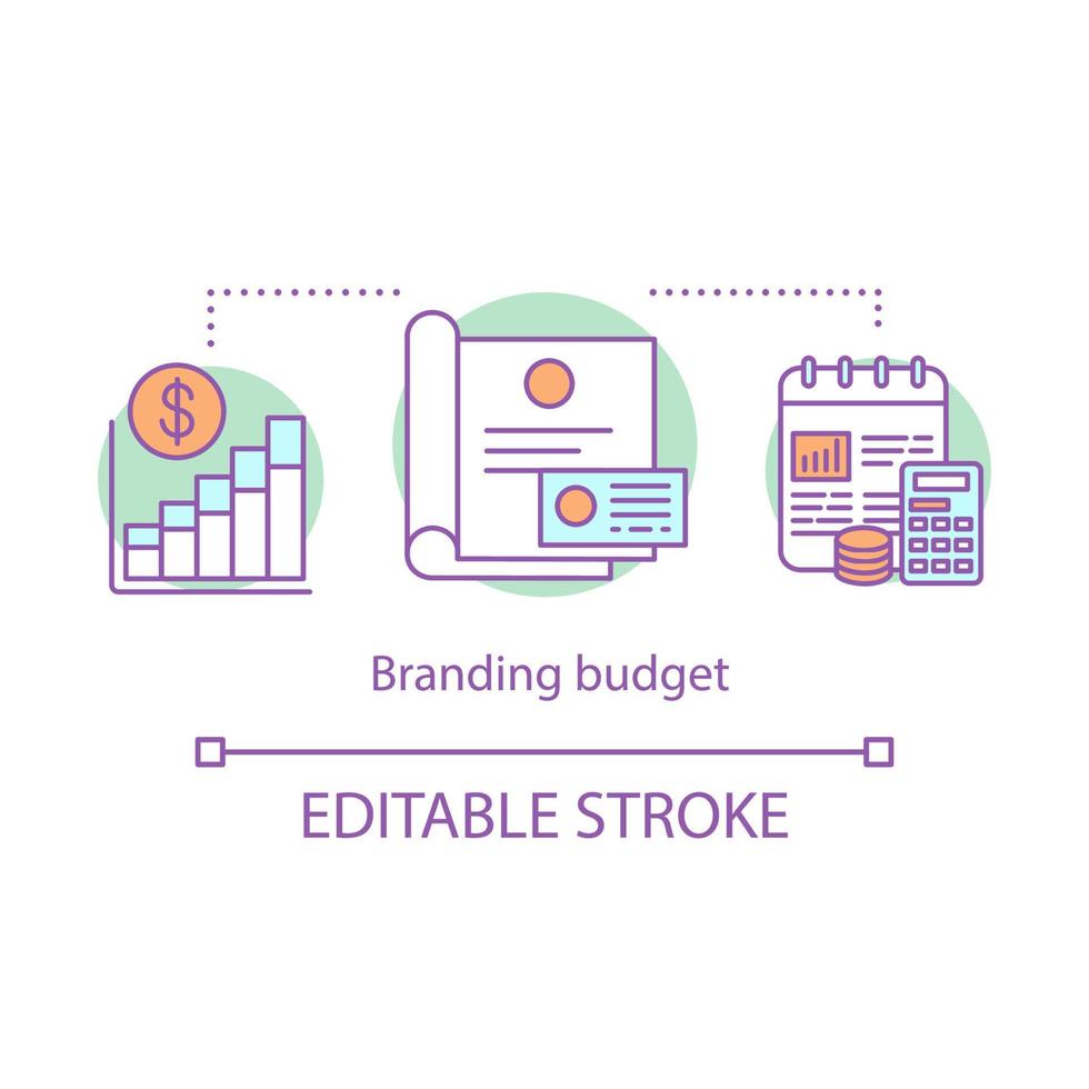 icona del concetto di budget di branding. spese pubblicitarie. illustrazione della linea sottile dell'idea di gestione del marchio. strategia, pianificazione dei costi. priorità della spesa per il branding. disegno vettoriale isolato profilo. tratto modificabile