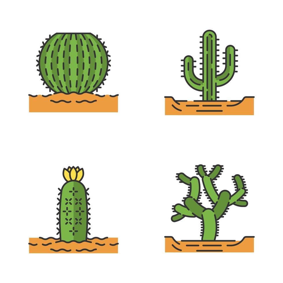 cactus selvatici nel set di icone di colore della terra. succulenta tropicale. pianta spinosa. cactus barile, cholla, saguaro, cactus riccio. illustrazioni vettoriali isolate
