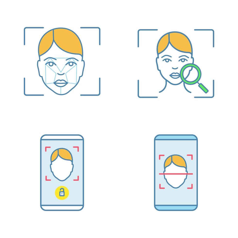 set di icone a colori per il riconoscimento facciale. identificazione biometrica. analisi e scansione delle impronte digitali, app per smartphone con blocco del volto. illustrazioni vettoriali isolate