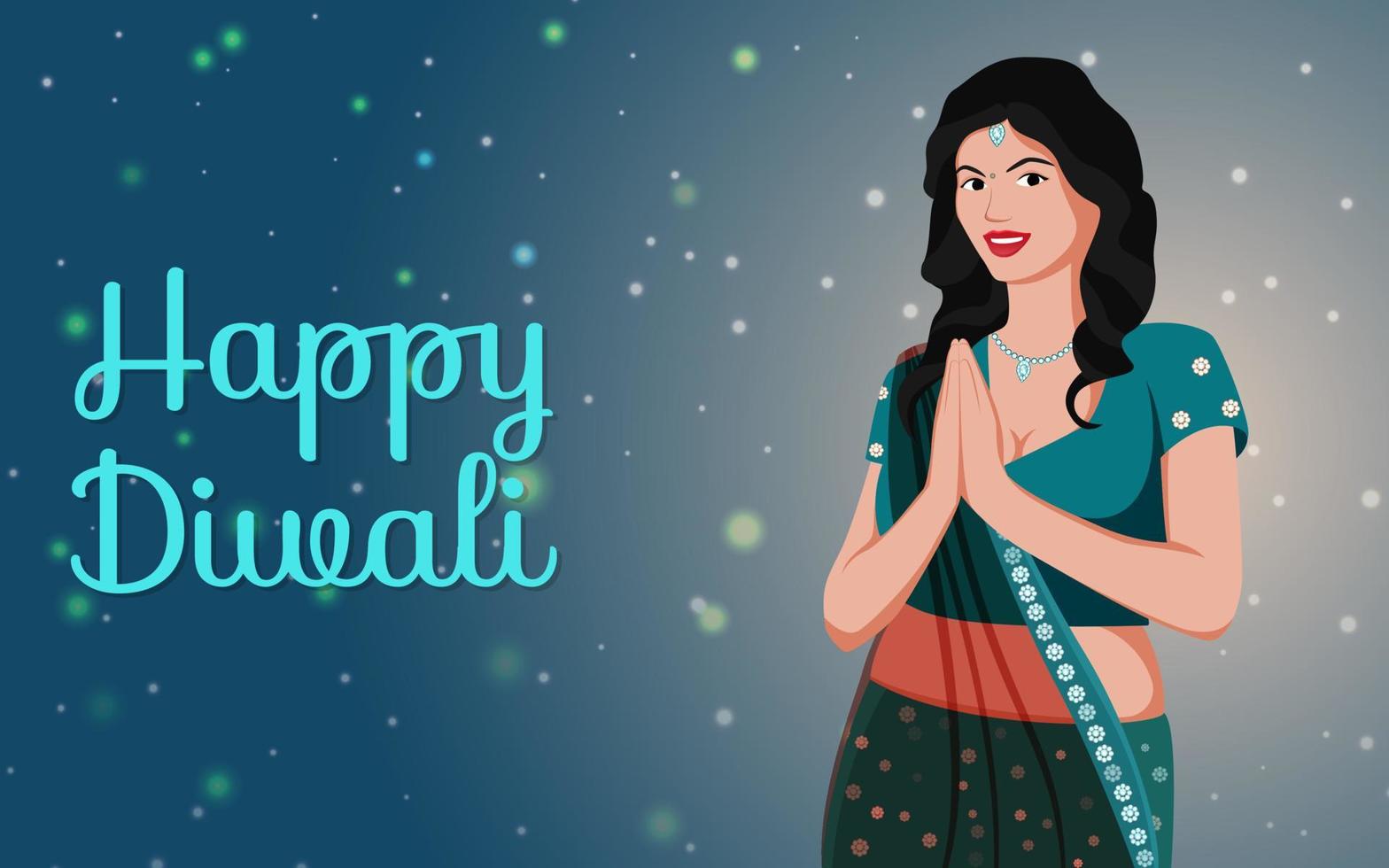 illustrazione vettoriale di una ragazza indiana carina in posa namaste, banner creativo per la celebrazione del diwali per le promozioni sui social media.
