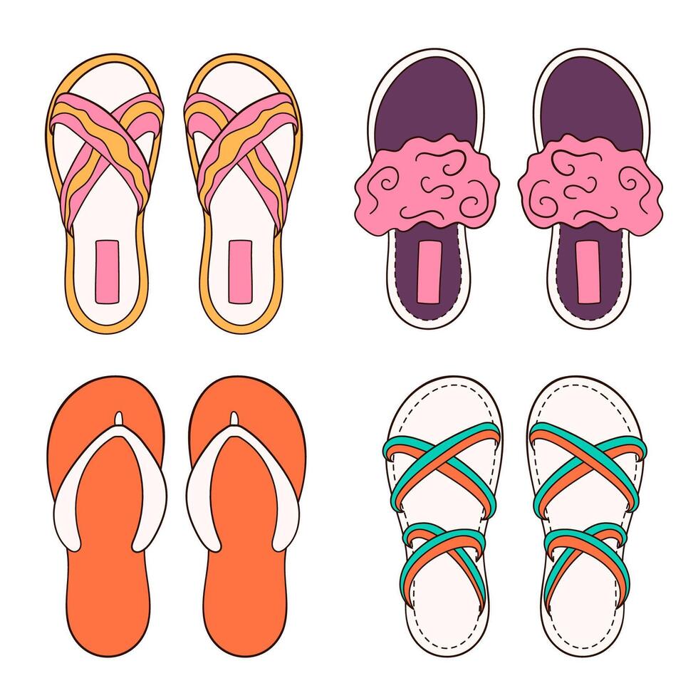 femmina, donne scarpe collezione per estate e casa nel cartone animato stile. piatto casuale calzature. vettore illustrazione isolato su un' bianca sfondo.