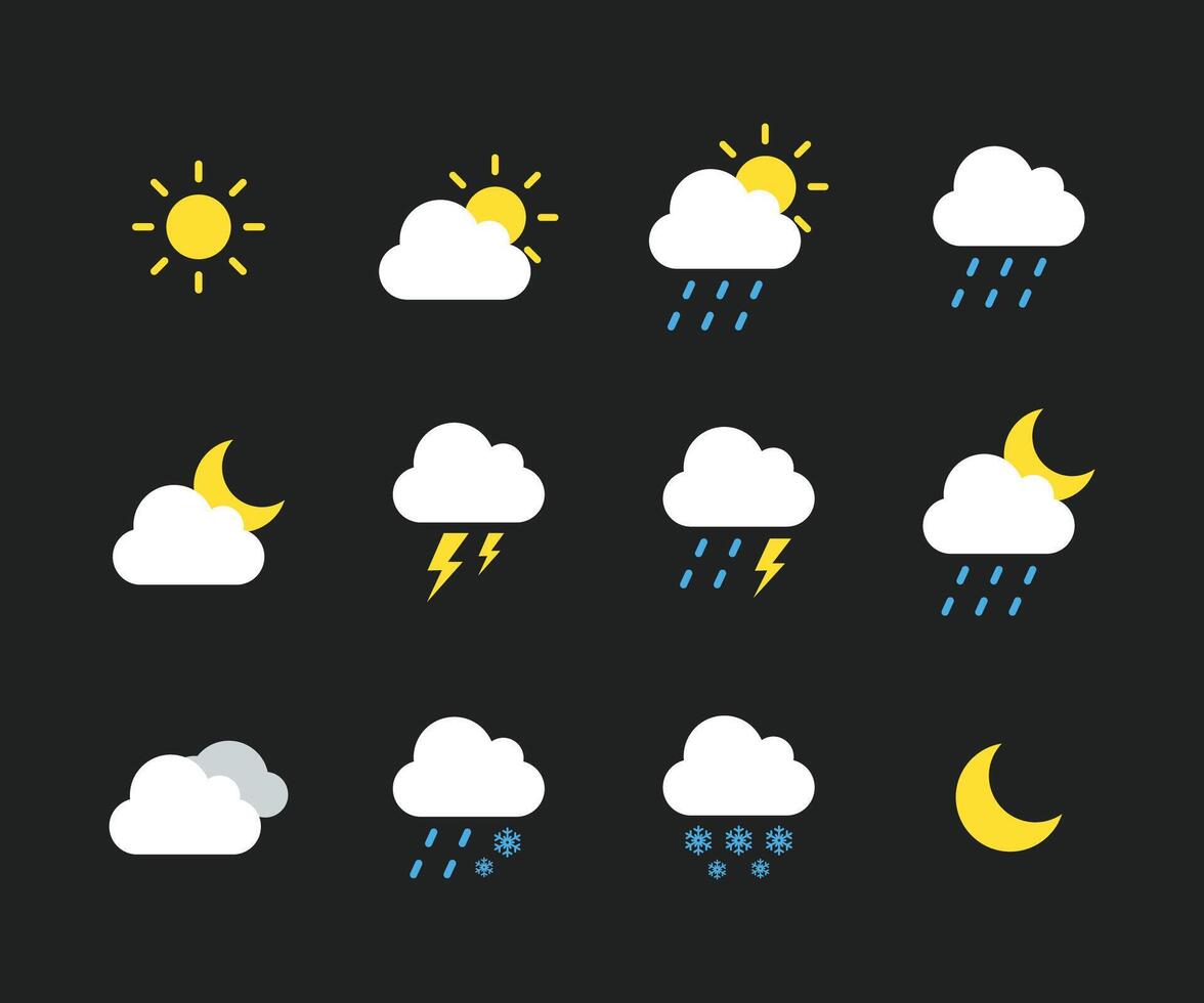 impostato di tempo metereologico icone. previsione tempo metereologico icone, piatto vettore design.