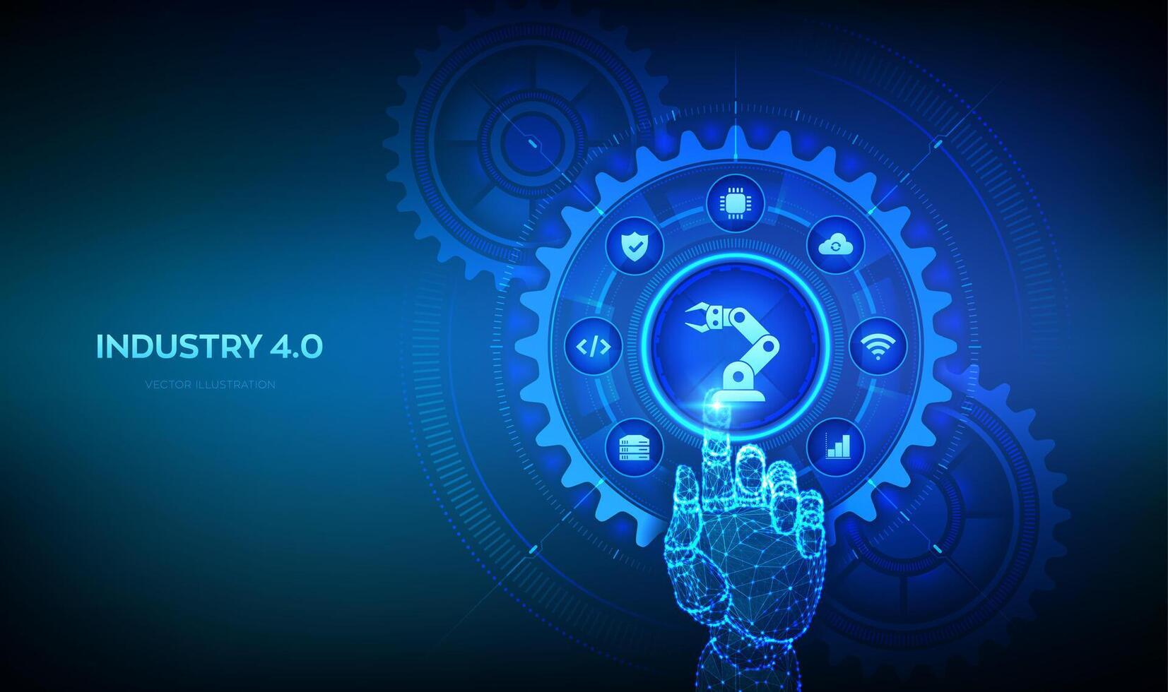 inteligente industria 4.0 concetto. fabbrica automazione. autonomo industriale tecnologia. industriale rivoluzioni passi. wireframe mano toccante digitale interfaccia con collegato ingranaggi ingranaggi e icone. vettore. vettore