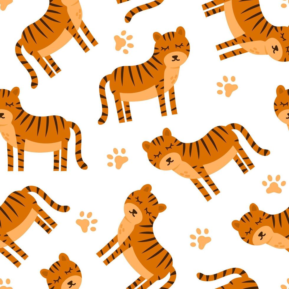 animale cartone animato senza soluzione di continuità modello con tigre. colorato vettore selvaggio gatto illustrazione. semplice animale safari Stampa isolato su bianca sfondo.