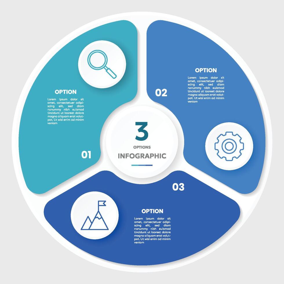 cerchio grafico Infografica modello con 3 opzioni per presentazioni vettore