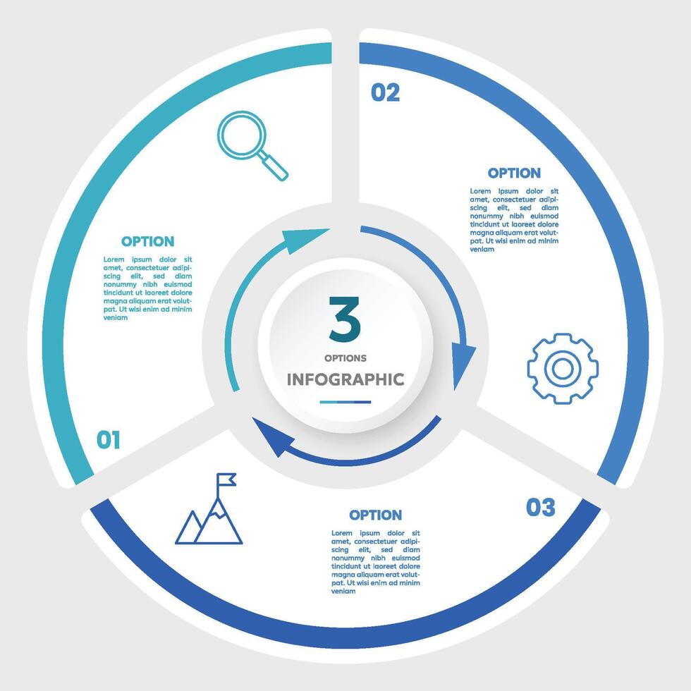 cerchio grafico Infografica modello con 3 opzioni per presentazioni vettore