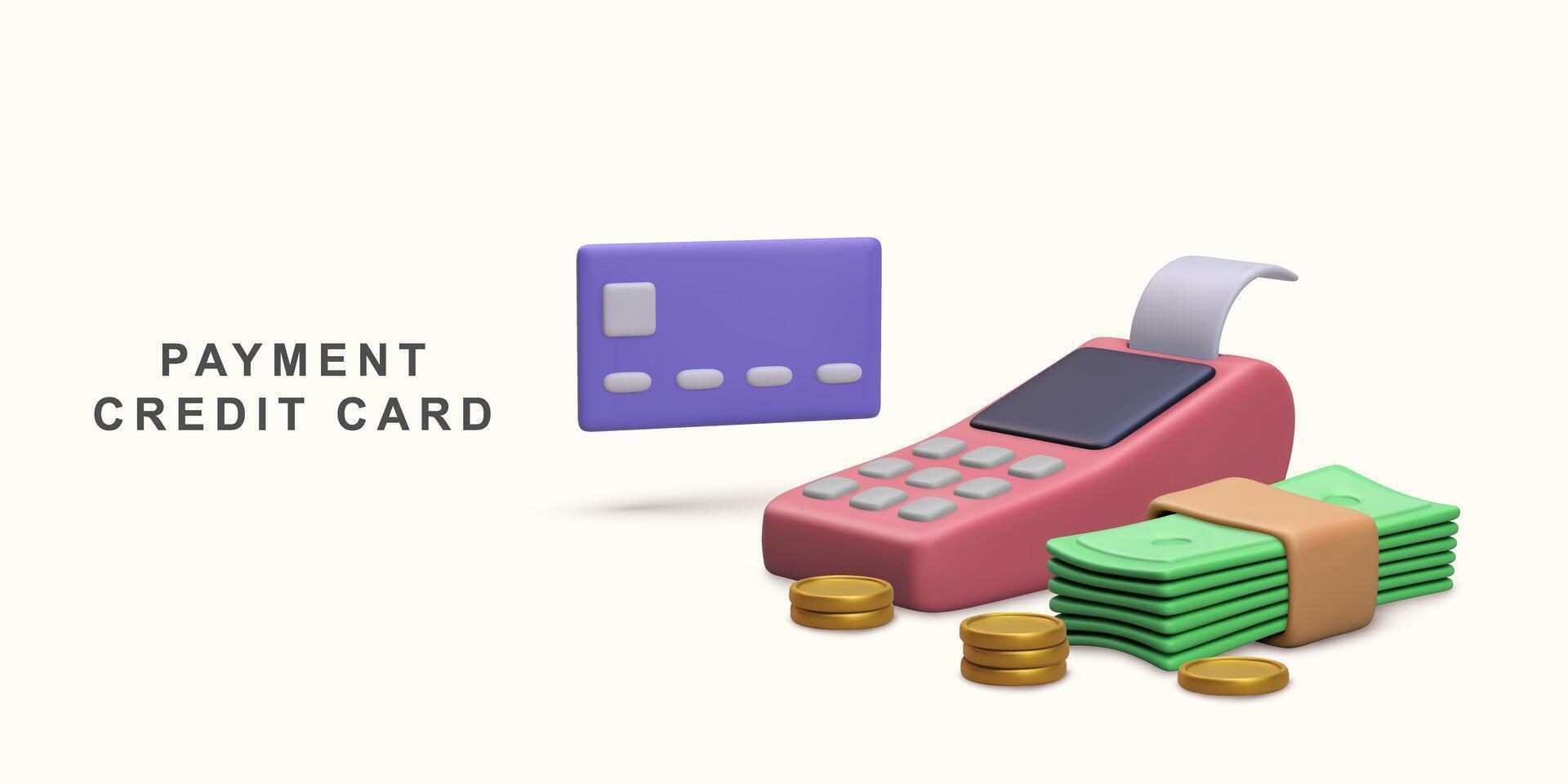 3d realistico concetto pagamento credito carta, pagamento terminale e banconote. vettore illustrazione.