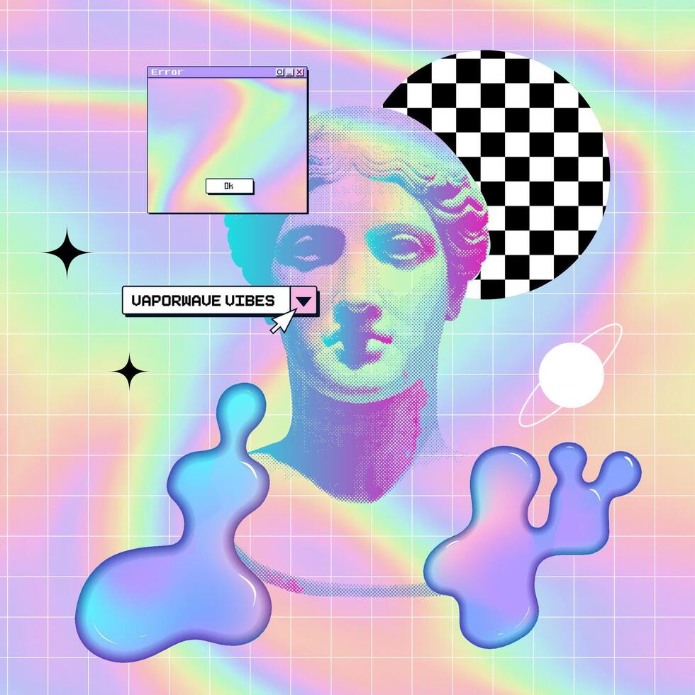 3d interpretazione composizione di antico greco statua testa nel pixel arte stile con glitch effetto e y2k liquido limo chiazze. concetto di classico arte nel moderno stilizzazione. vaporwave vettore design.