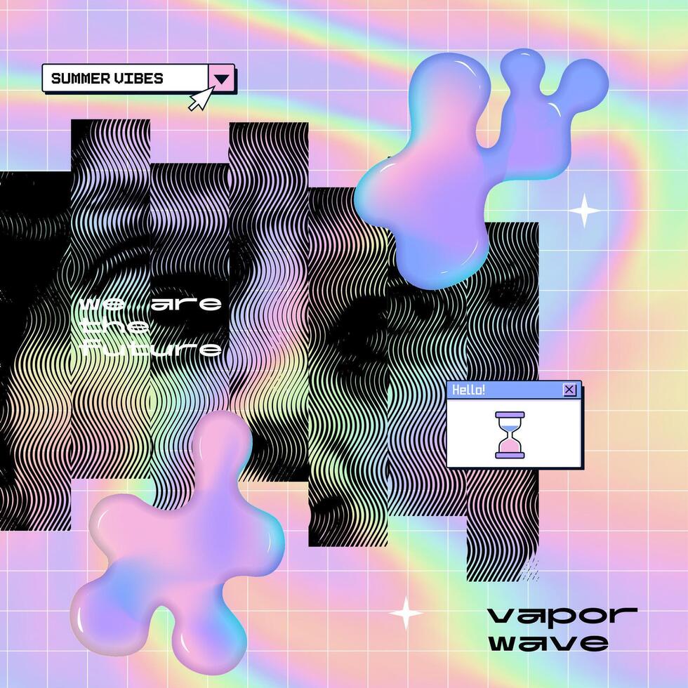 anni 80 anni 90 olografico collage nel il vaporwave stile di un' antico romano fallimento statua, alcuni astratto fluido chiazze, e Vintage ▾ pc stile icone. vettore