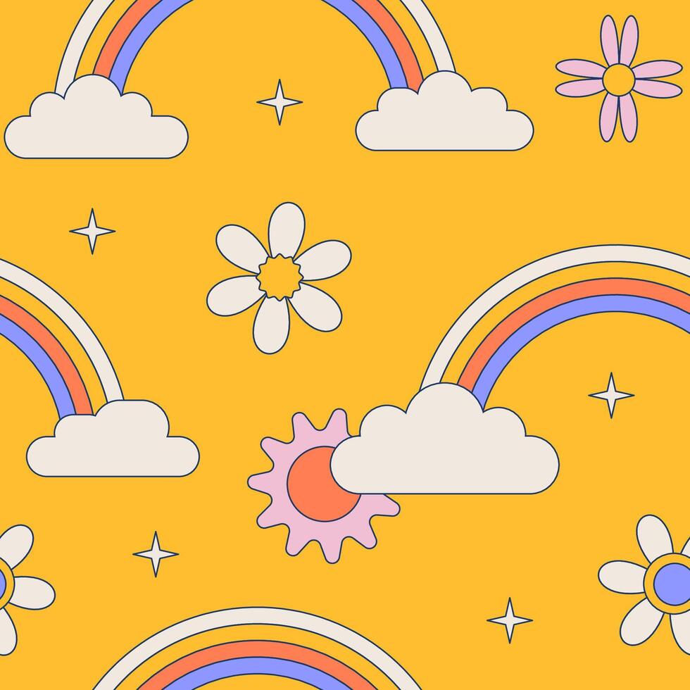 senza soluzione di continuità modello arcobaleno archi con margherita fiori su Groovy giallo sfondo vettore illustrazione.