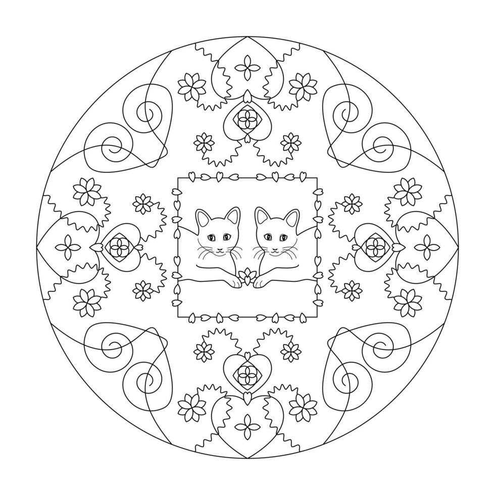 gatto mandala con cuori e fiori. colorazione pagina. arte terapia. vettore