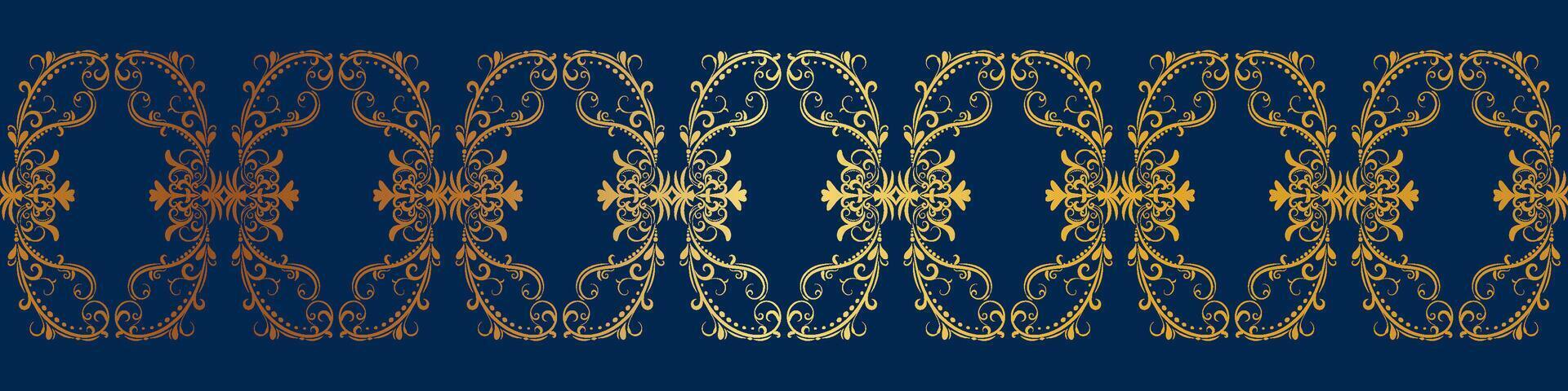 senza soluzione di continuità d'oro confine di astratto fiori su elegante buio blu sfondo per decorativo ornamento. vettore