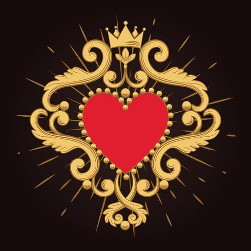 Bellissimo cuore rosso ornamentale con corona su sfondo nero. Illustrazione vettoriale