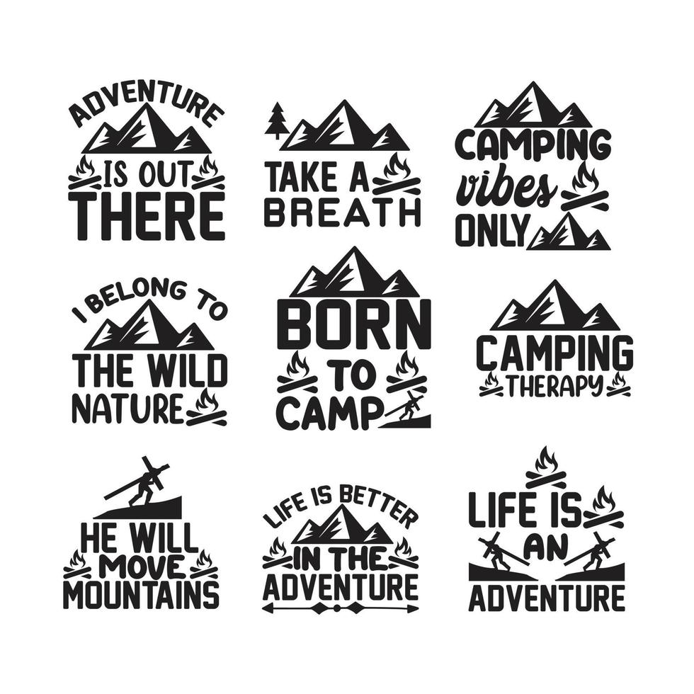 avventura, campeggio, viaggio tipografia t shirt design vector set
