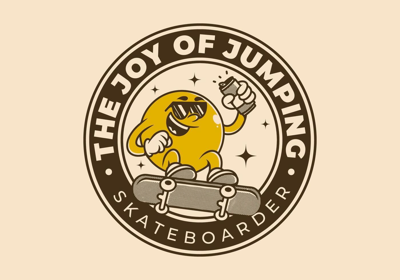 Vintage ▾ personaggio di giallo palla testa salto su il skateboard. Tenere un' birra può vettore