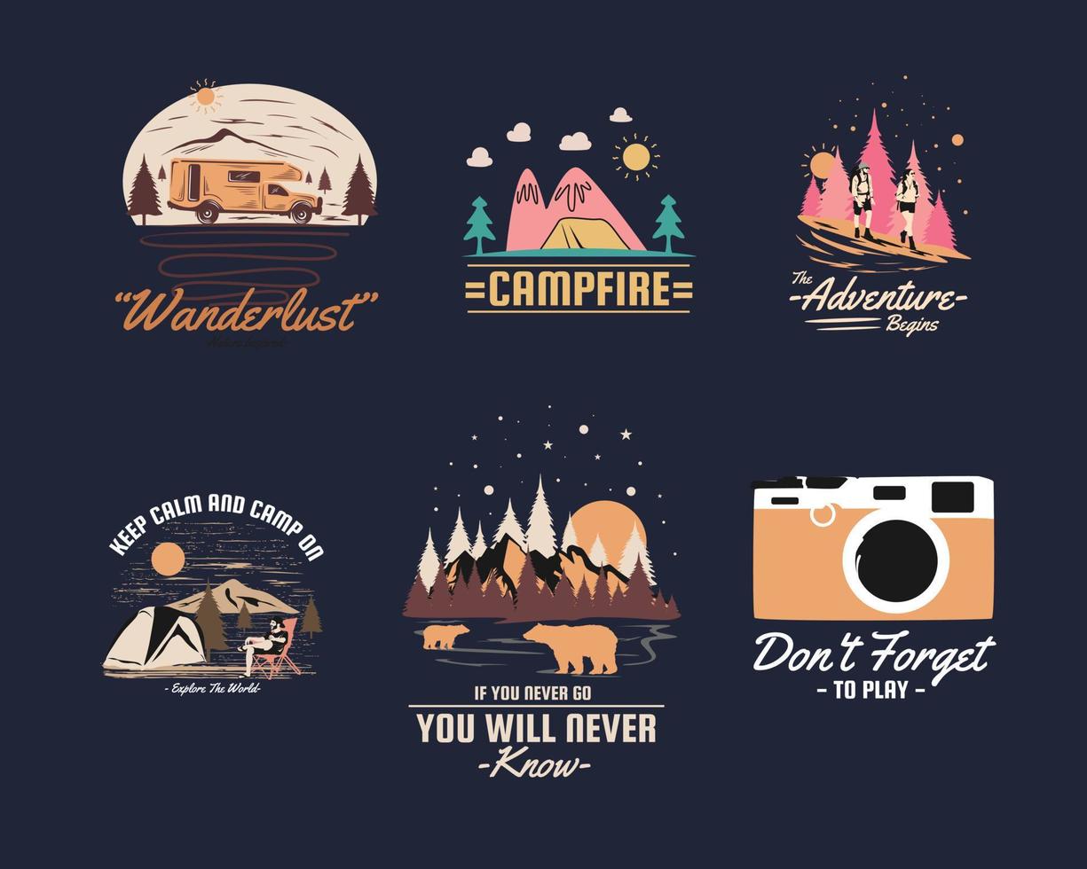 avventura, campeggio, viaggio tipografia t shirt design vector set