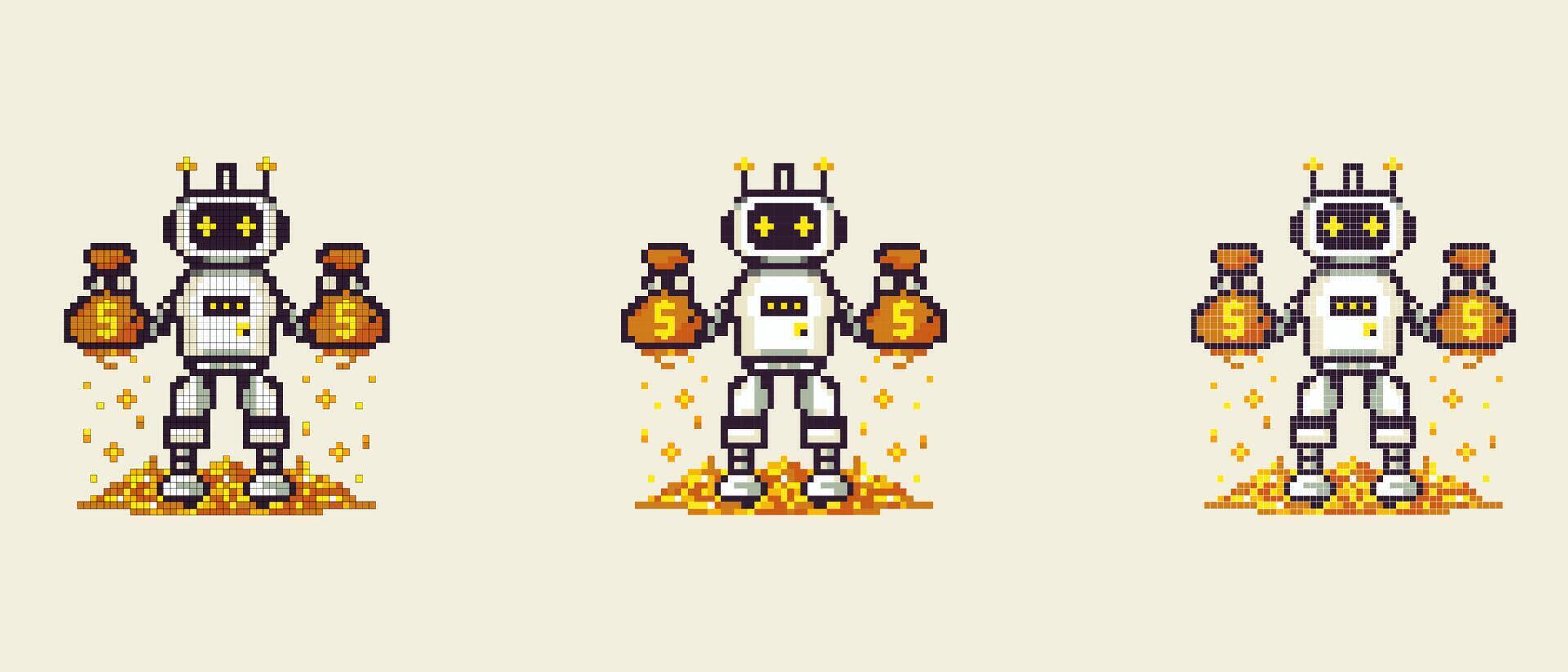 vettore pixel icona con un' robot Tenere oro nel il suo mani, lui sta su oro su un' bianca sfondo