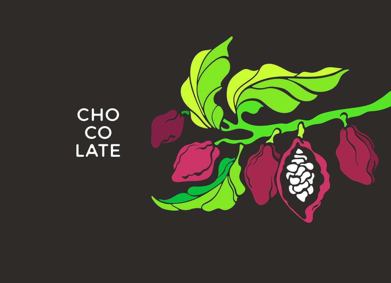 cacao luminosa simbolo. naturale buio cioccolato. vettore botanico albero, aroma fagiolo, tropicale frutta, verde le foglie. biologico dolce cibo, arte illustrazione. esotico giardino