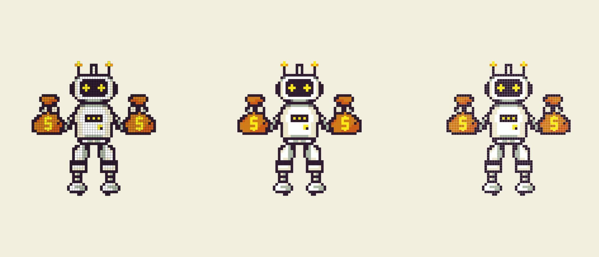 vettore pixel icona con un' robot Tenere oro nel il suo mani su un' bianca sfondo