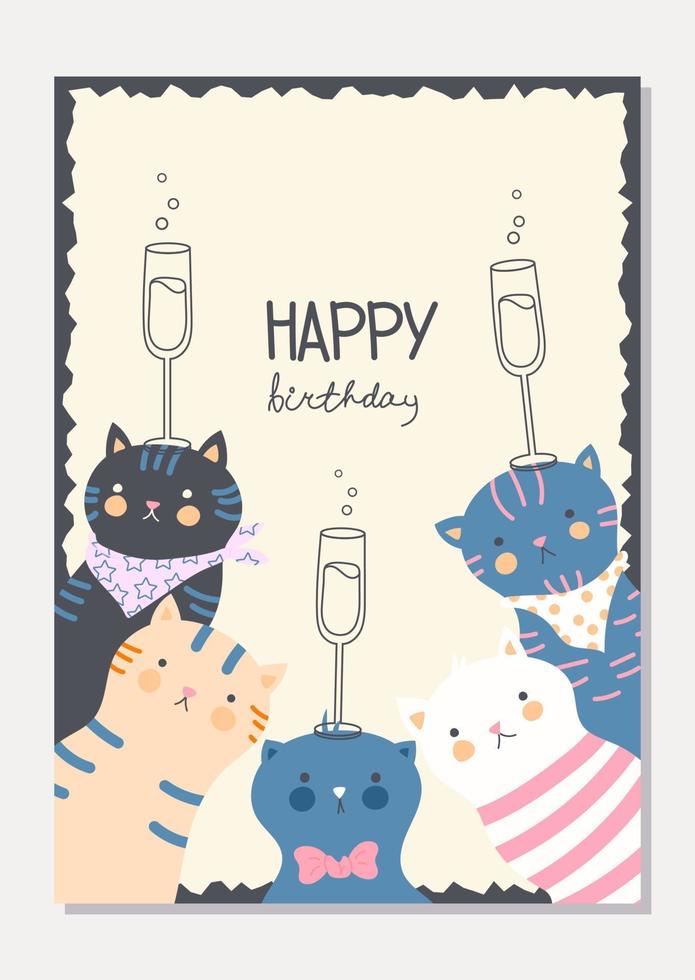 carta elegante con simpatici gatti carini e bicchieri di champagne. scritte di buon compleanno. biglietto di auguri in design piatto con animali. illustrazione vettoriale. tutti gli oggetti sono isolati vettore