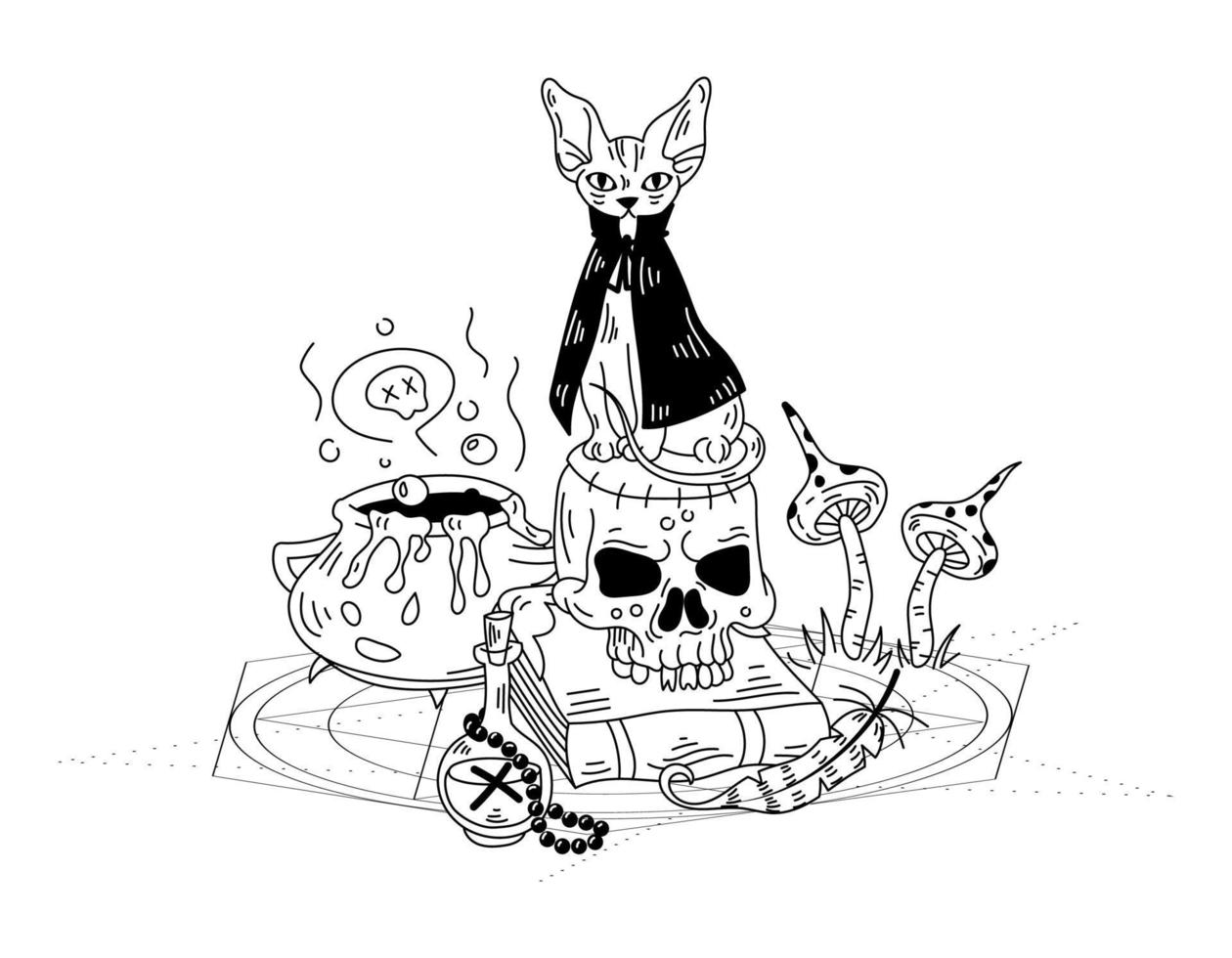 composizione mistica con il gatto di una strega e un teschio. illustrazione di doodle disegnato a mano di vettore