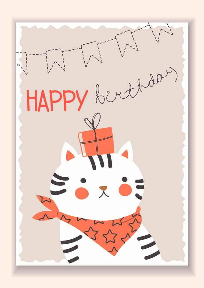 carta elegante con un simpatico gatto divertente in una sciarpa con un regalo. scritte di buon compleanno. biglietto di auguri in design piatto con animali. illustrazione vettoriale. tutti gli oggetti sono isolati vettore