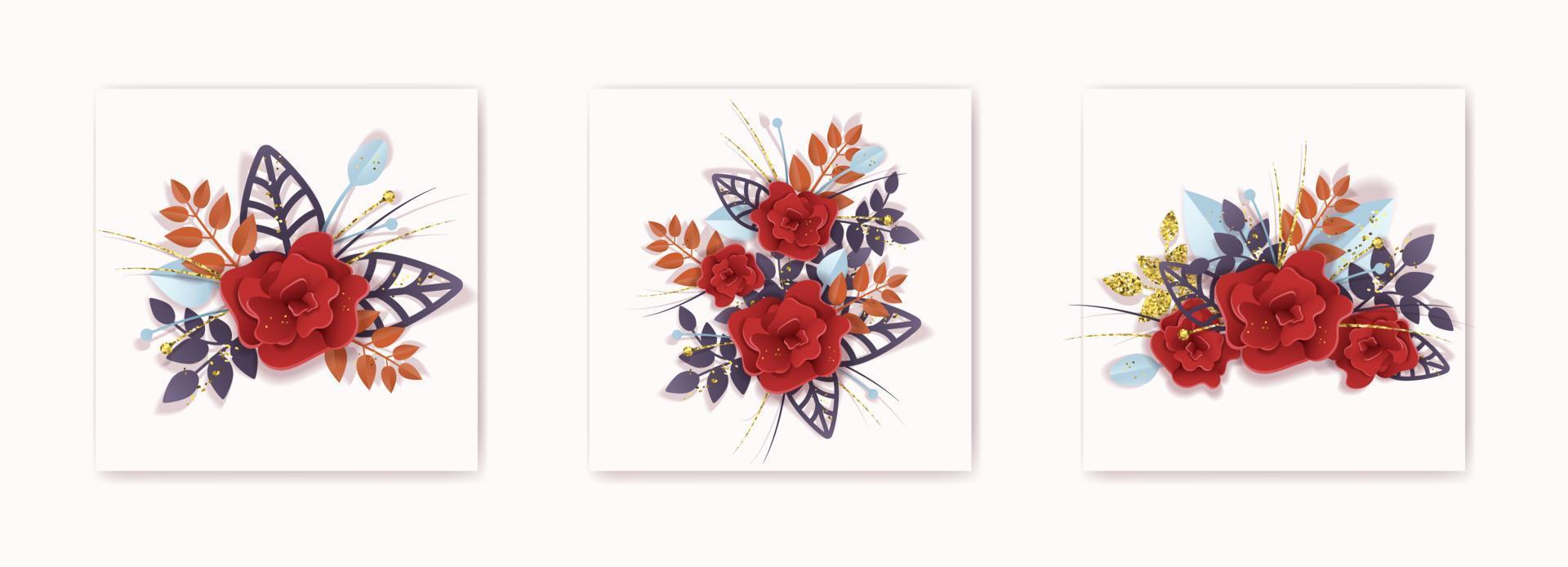 set bouquet di rose in stile carta kraft, carta tagliata e stile kraft per biglietti di design, cartoline, tessuti, volantini. illustrazione vettoriale tutti gli oggetti isolati