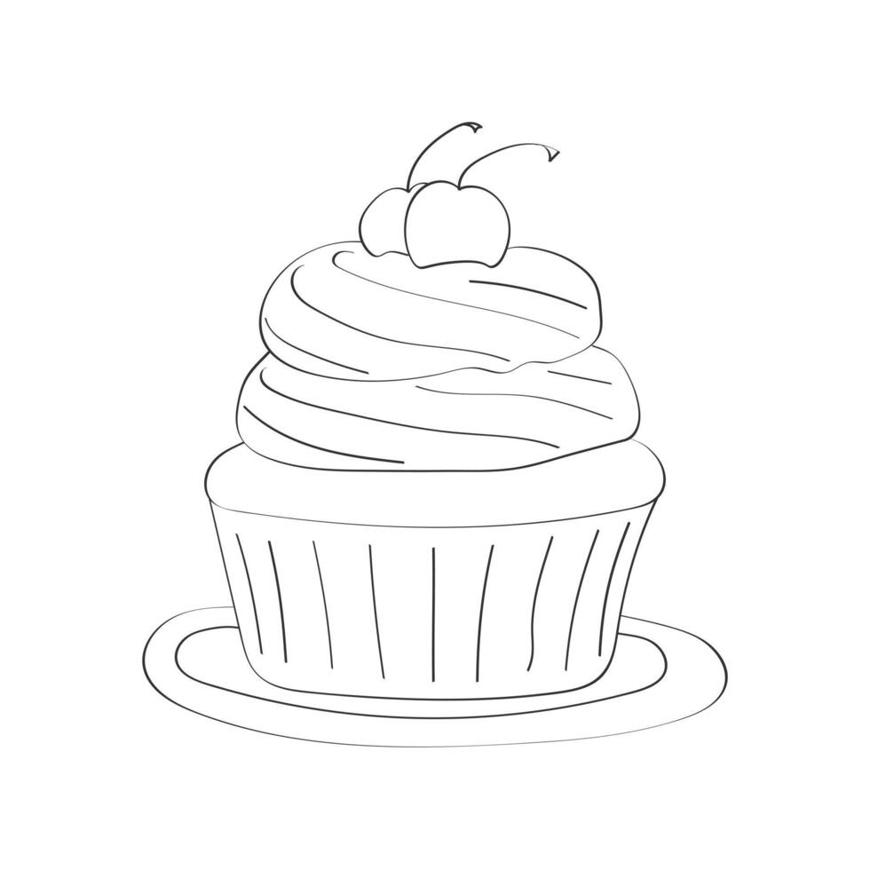 delizioso nero e bianca Cupcake sormontato con un' ciliegia seduta su un' bianca piatto. il Cupcake è decorato con spruzzatori e sembra allettante vettore