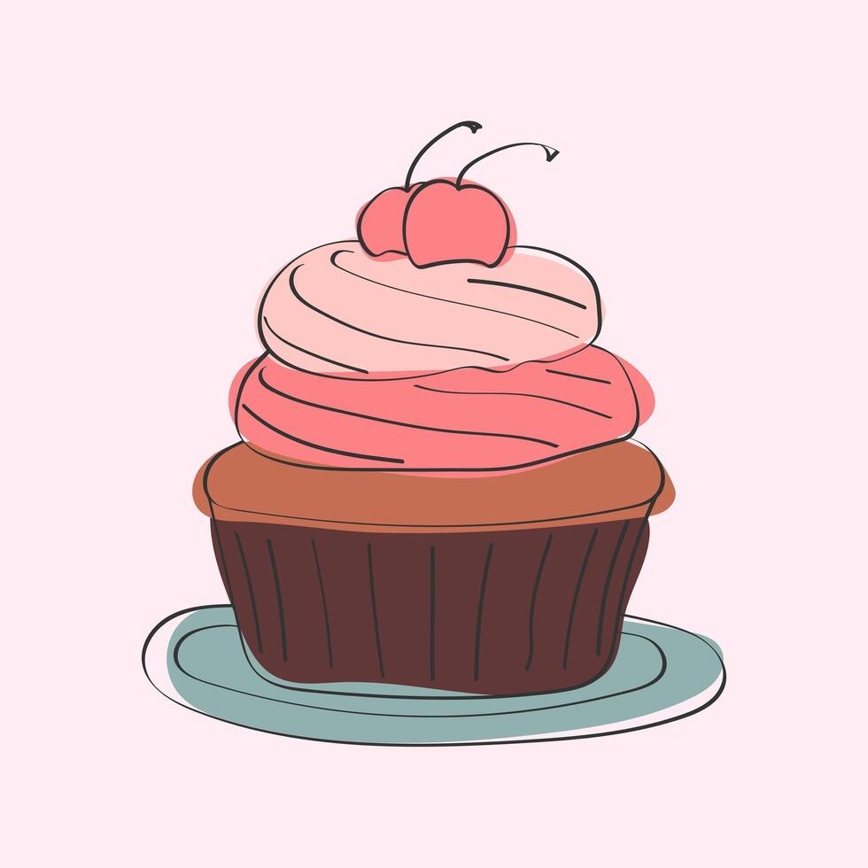 un' delizioso Cupcake sormontato con rosa glassa e un' succoso ciliegia arroccato su superiore. il Cupcake è visualizzato contro un' pianura sfondo, in mostra suo semplicità e dolcezza vettore