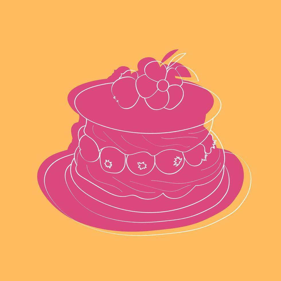 un' rosa torta con bianca glassatura e colorato spruzzatori si siede prominente su un' luminosa giallo sfondo. il torta è ornato con turbinii e modelli quello rendere esso visivamente attraente vettore