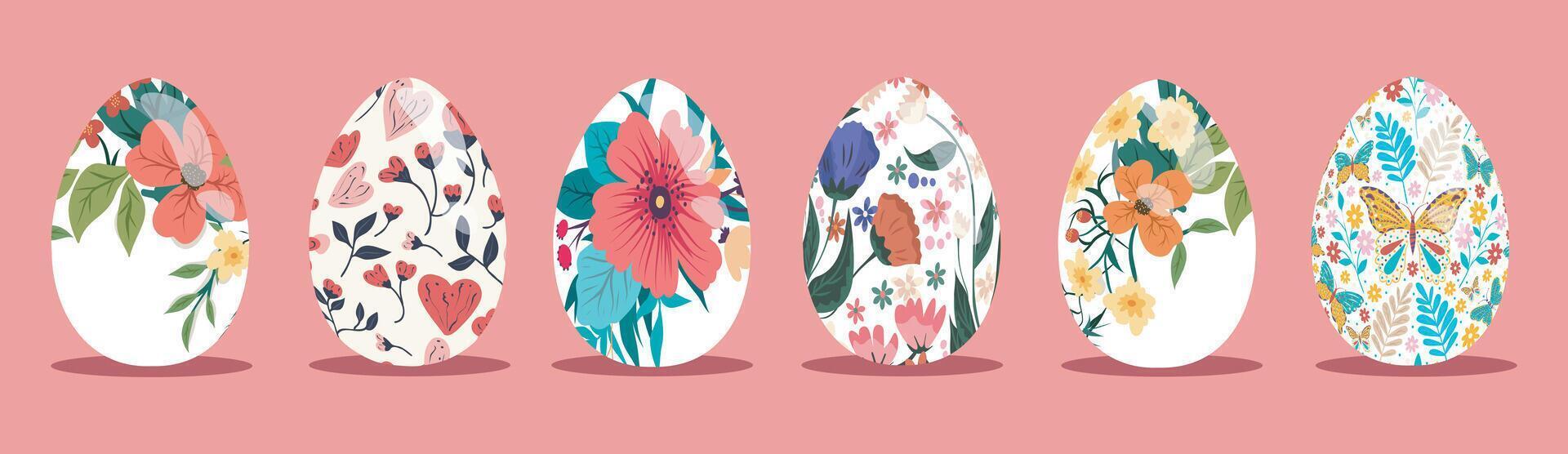 vettore contento Pasqua uova decorativo impostato di bianca Pasqua uova Pasqua uova con floreale ornamento modello su rosa sfondo