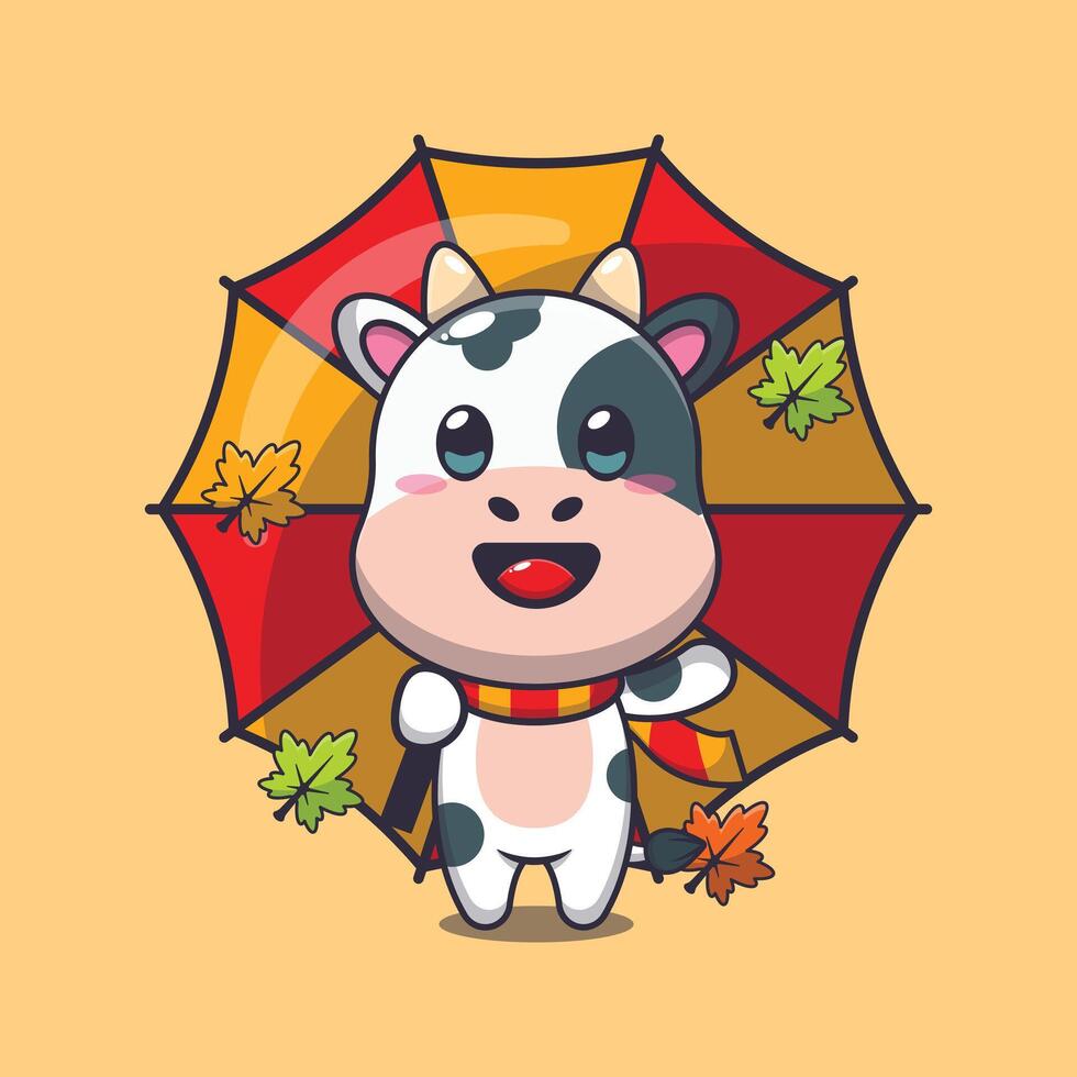 carino mucca con ombrello a autunno stagione. vettore