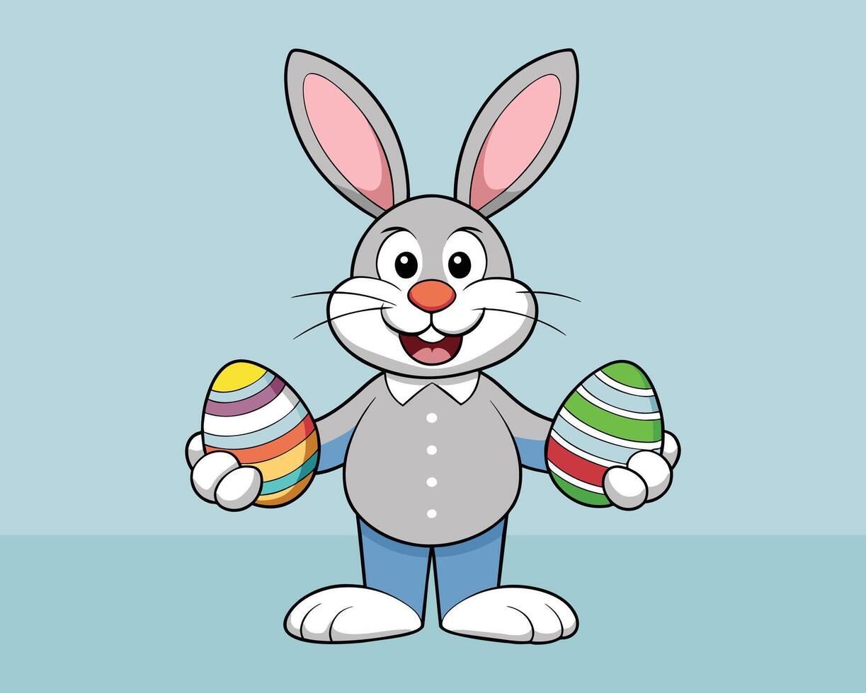 Due Pasqua uovo colorato su coniglietto coniglio mano disegnato smiley vettore illustrazione personaggio saluto carta davanti sfondo, carino contento Sorridi viso espressione Pasqua coniglietto emozione e sensazione