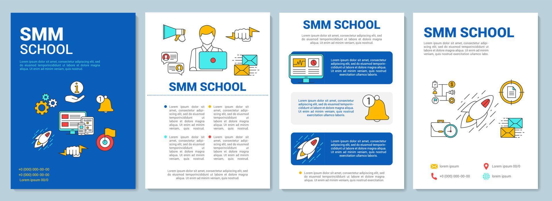 layout del modello di brochure sfondo blu scuola smm. volantino, opuscolo, stampa di volantini con illustrazioni lineari. layout di pagine vettoriali per riviste, relazioni annuali, manifesti pubblicitari