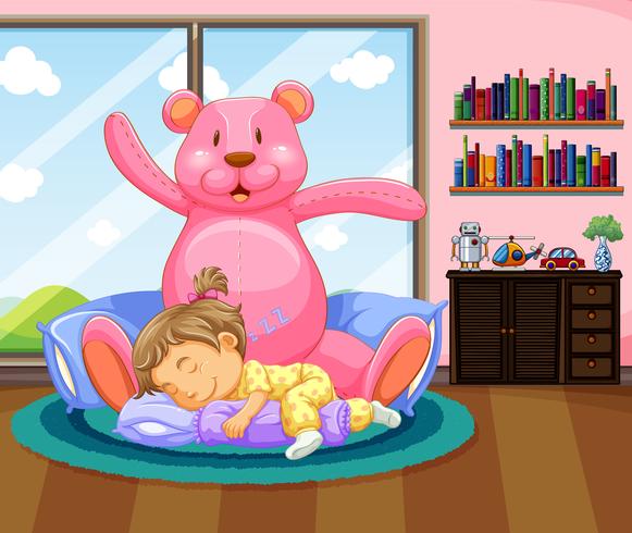 Bambina che dorme con teddybear rosa vettore