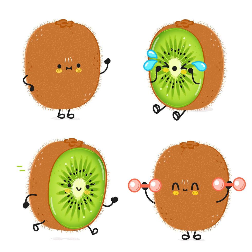 divertente Kiwi frutta personaggi fascio impostare. vettore mano disegnato scarabocchio stile cartone animato personaggio illustrazione icona design. carino Kiwi frutta portafortuna personaggio collezione