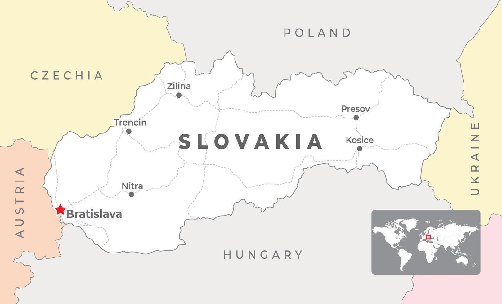 slovacchia politico carta geografica con capitale bratislava, maggior parte importante città e nazionale frontiere vettore