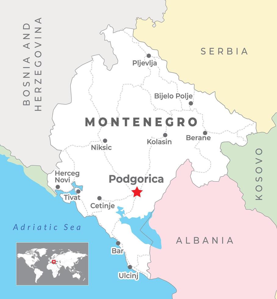 montenegro politico carta geografica con capitale Podgorica, maggior parte importante città e nazionale frontiere vettore