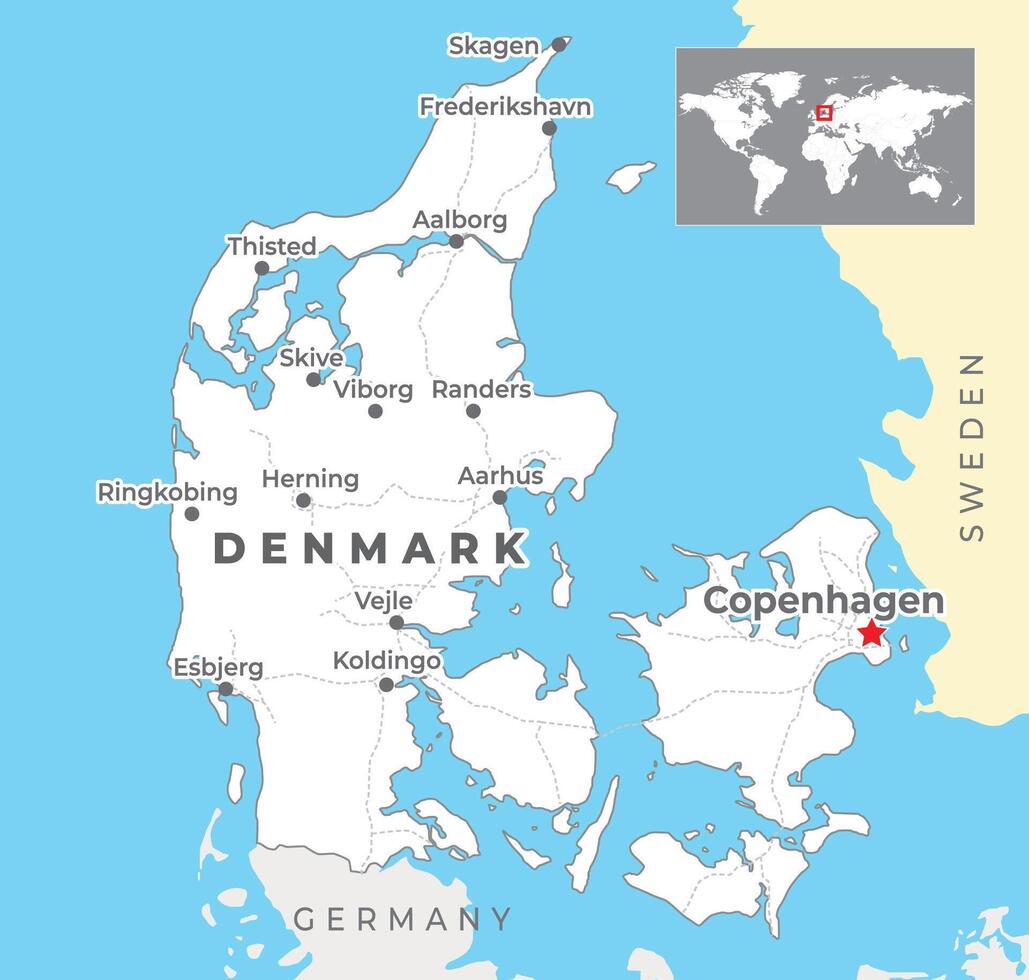 Danimarca carta geografica con capitale Copenaghen, maggior parte importante città e nazionale frontiere vettore