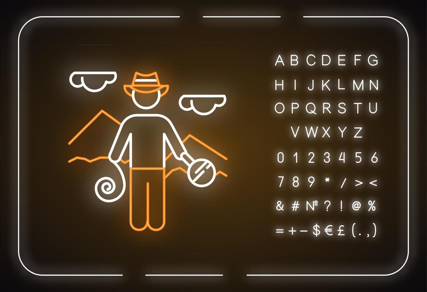 icona della luce al neon avventuriero. scoperta di manufatti egizi. cacciatore di tesori. esplorazione piramidale. spedizione. segno luminoso con alfabeto, numeri e simboli. illustrazione vettoriale isolato