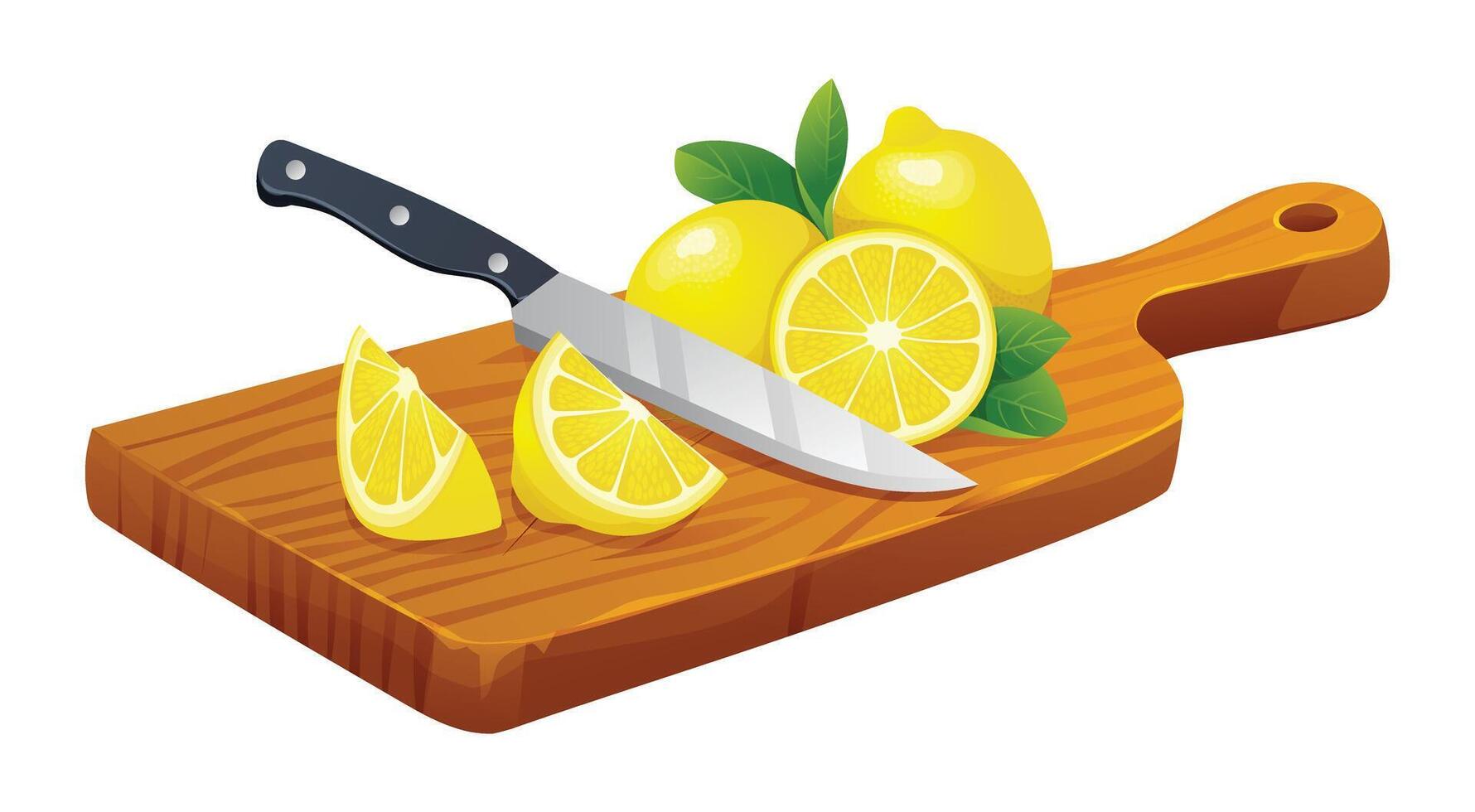 fresco totale, metà e tagliare fette Limone con coltello su taglio tavola. vettore cartone animato illustrazione